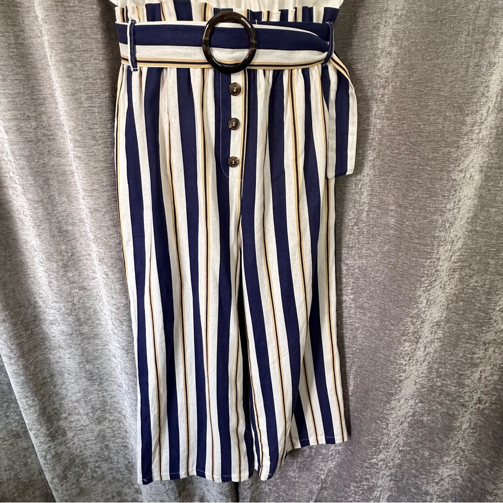 E & M White Blue and Mustard Striped Belted Overall Jumpsuit Women's Size L - Picture 12 of 14